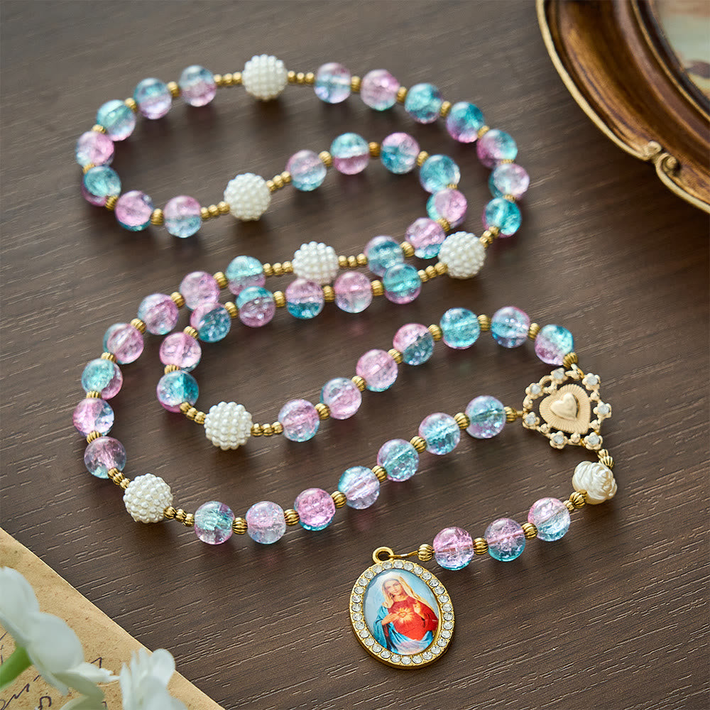 Solacebeads 7 Sorrows Pink Blue Crackle Glass Rosary Chaplet: Blessed By Mairan Sorrowful Grace - image 8