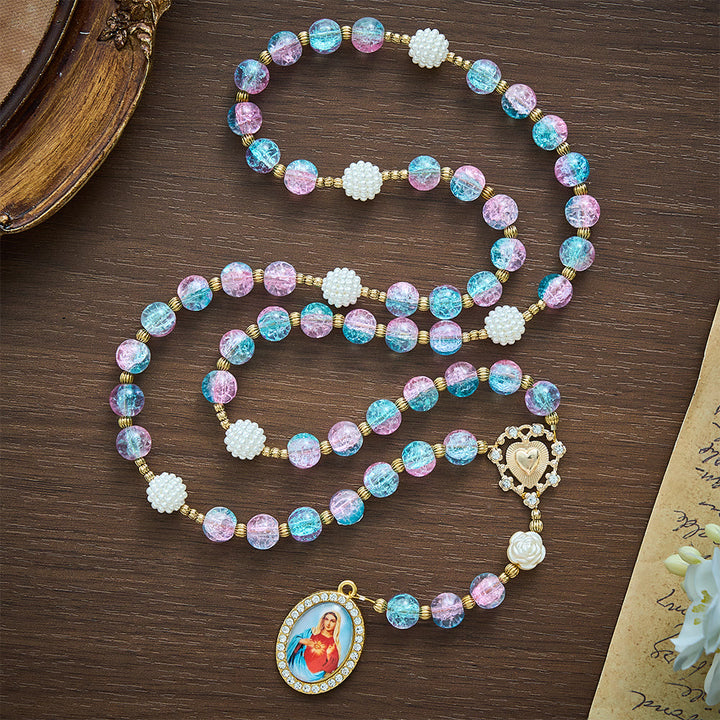 Solacebeads 7 Sorrows Pink Blue Crackle Glass Rosary Chaplet: Blessed By Mairan Sorrowful Grace - image 7