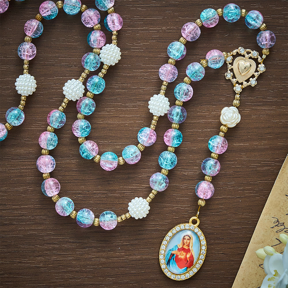 Solacebeads 7 Sorrows Pink Blue Crackle Glass Rosary Chaplet: Blessed By Mairan Sorrowful Grace - image 5