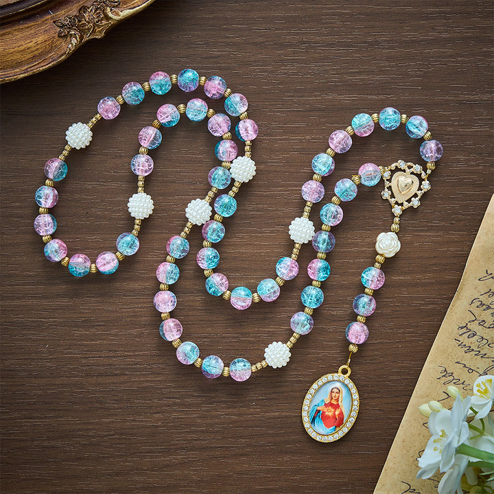 Solacebeads 7 Sorrows Pink Blue Crackle Glass Rosary Chaplet: Blessed By Mairan Sorrowful Grace - Seven Sorrows - image 0