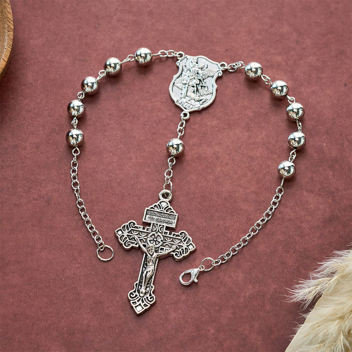 SolaceBeads Car &amp; Bag Rosary, Silver Beads, St.Michael Medal: Roadside Heavenly Guard - Steel-colored - image 0