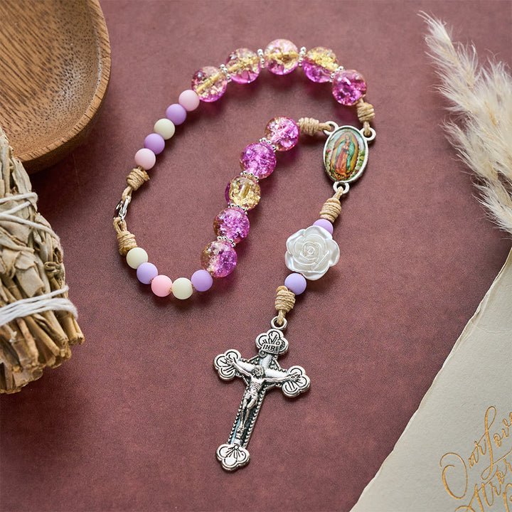 SolaceBeads Car &amp; Bag Rosary, Purple Glass &amp; Rose Accents, Guadalupe Medal: Safe Travel Blessing. - image 2