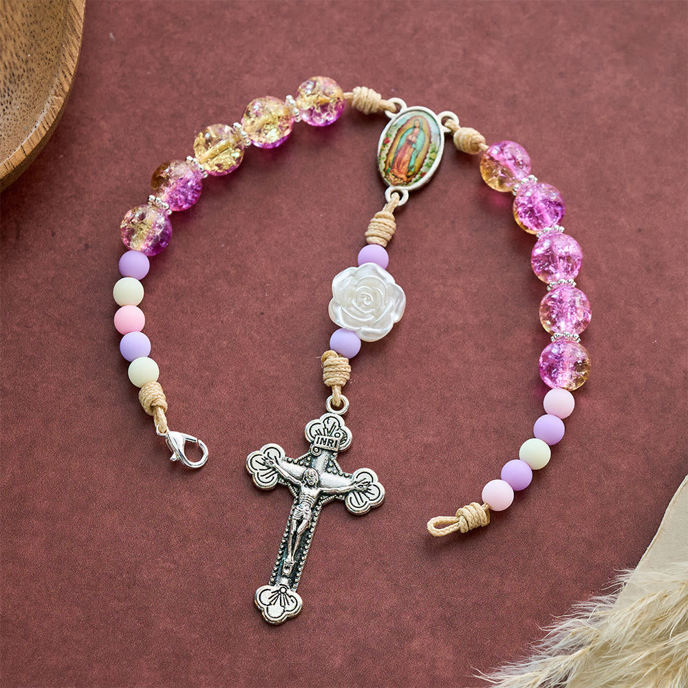 SolaceBeads Car &amp; Bag Rosary, Purple Glass &amp; Rose Accents, Guadalupe Medal: Safe Travel Blessing. - Purple &amp; Yellow - image 0