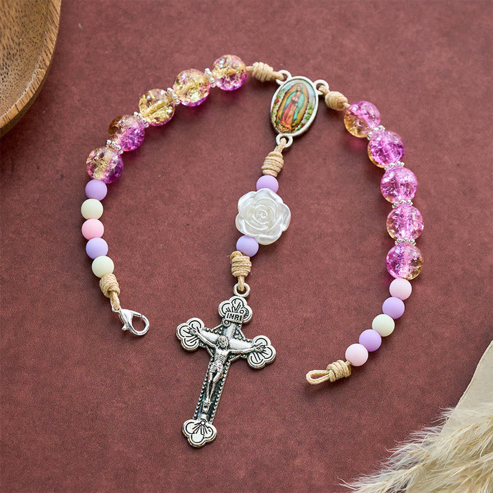 SolaceBeads Car &amp; Bag Rosary, Purple Glass &amp; Rose Accents, Guadalupe Medal: Safe Travel Blessing. - Purple &amp; Yellow - image 0