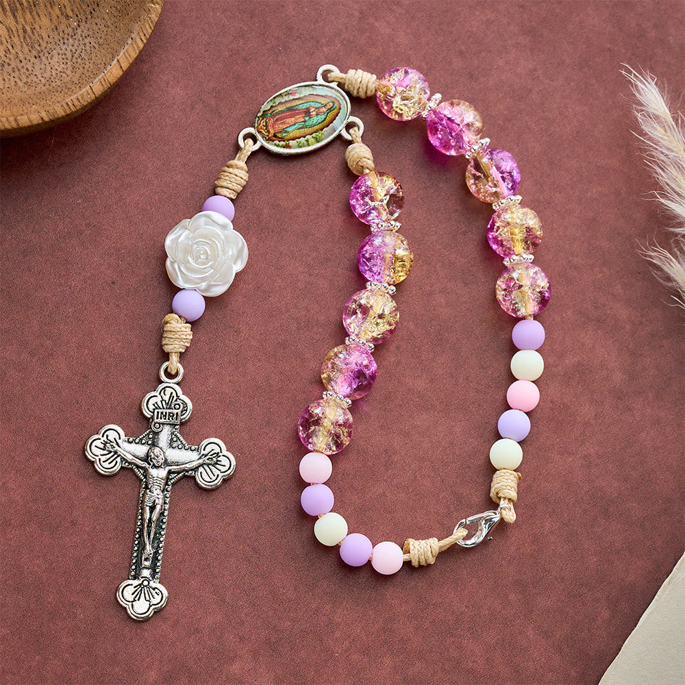 SolaceBeads Car &amp; Bag Rosary, Purple Glass &amp; Rose Accents, Guadalupe Medal: Safe Travel Blessing. - image 3