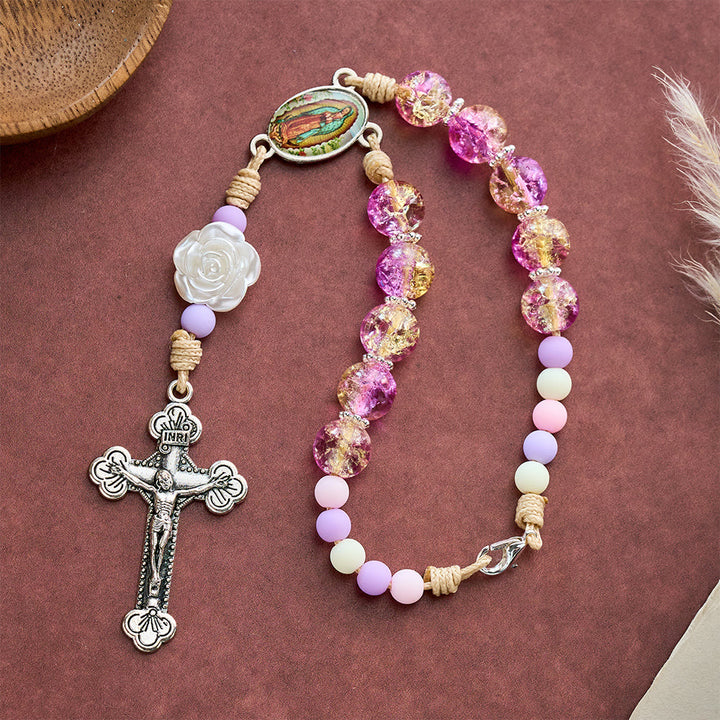 SolaceBeads Car &amp; Bag Rosary, Purple Glass &amp; Rose Accents, Guadalupe Medal: Safe Travel Blessing. - image 3
