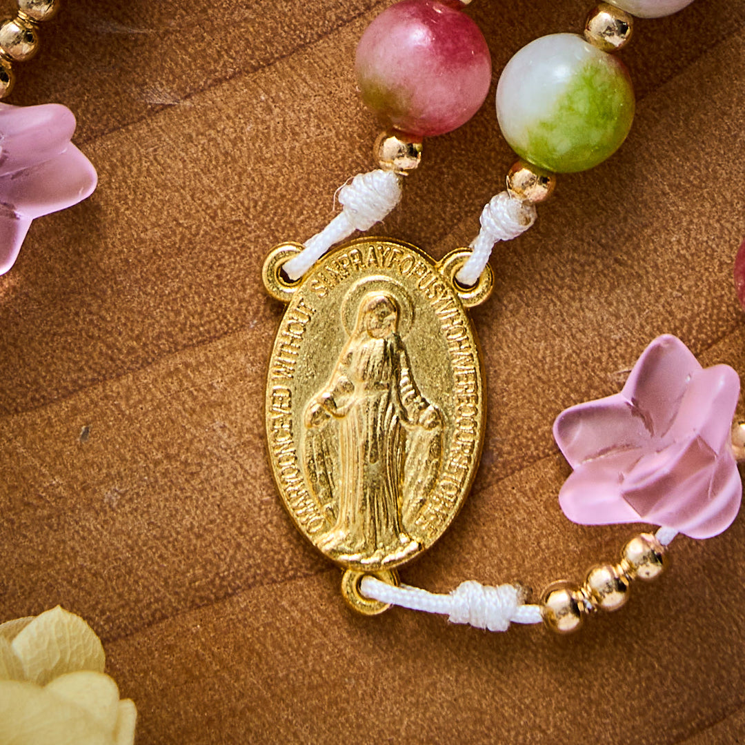 SolaceBeads Pink Morning Glory &amp; Watermelon Tourmaline Stone Rosary: Blessed by Maria gentle grace - image 2
