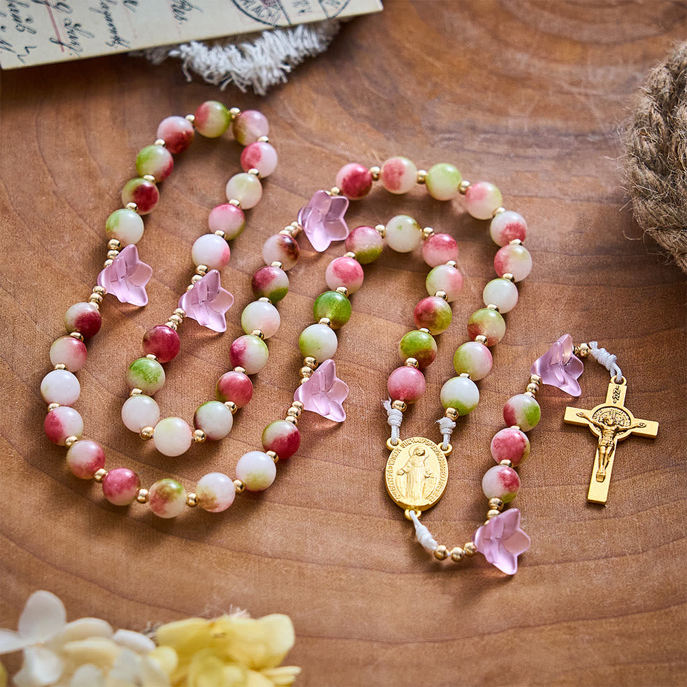 SolaceBeads Pink Morning Glory &amp; Watermelon Tourmaline Stone Rosary: Blessed by Maria gentle grace - Watermelon Tourmaline - image 0