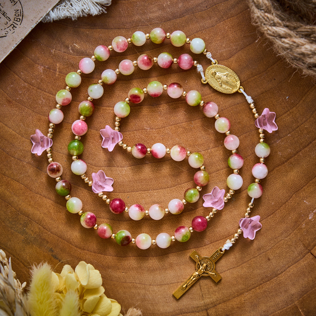 SolaceBeads Pink Morning Glory &amp; Watermelon Tourmaline Stone Rosary: Blessed by Maria gentle grace - image 5