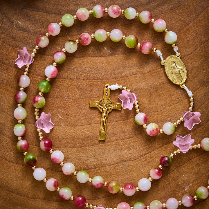 SolaceBeads Pink Morning Glory &amp; Watermelon Tourmaline Stone Rosary: Blessed by Maria gentle grace - image 6