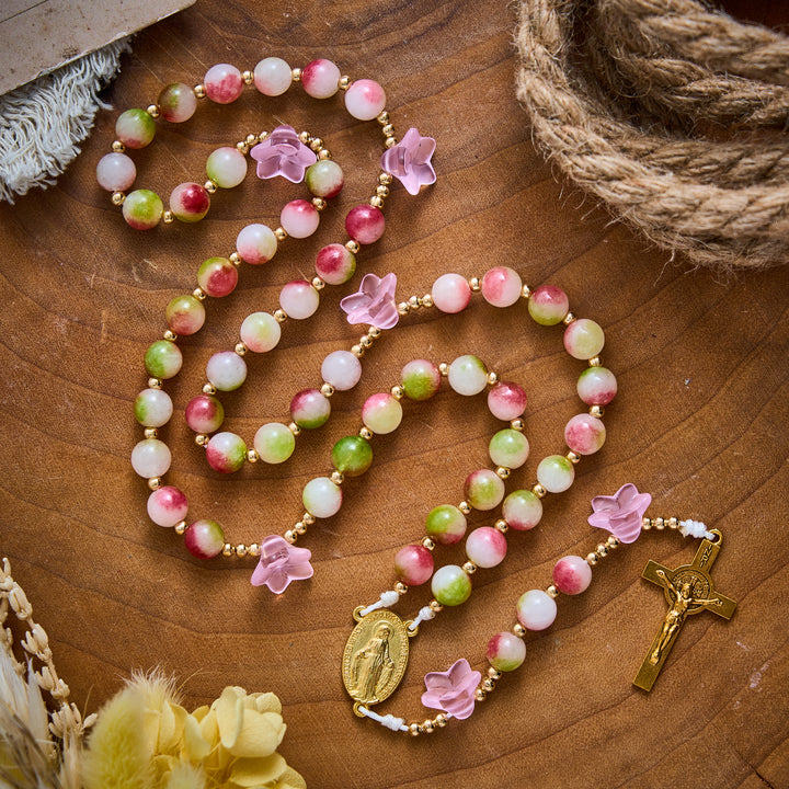 SolaceBeads Pink Morning Glory &amp; Watermelon Tourmaline Stone Rosary: Blessed by Maria gentle grace - image 7