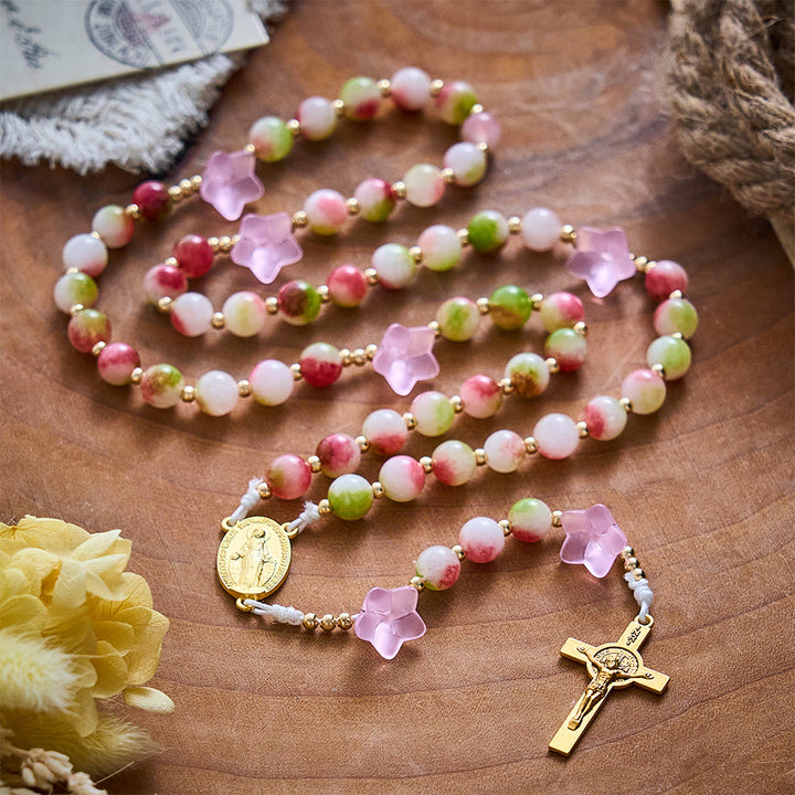 SolaceBeads Pink Morning Glory &amp; Watermelon Tourmaline Stone Rosary: Blessed by Maria gentle grace - image 9
