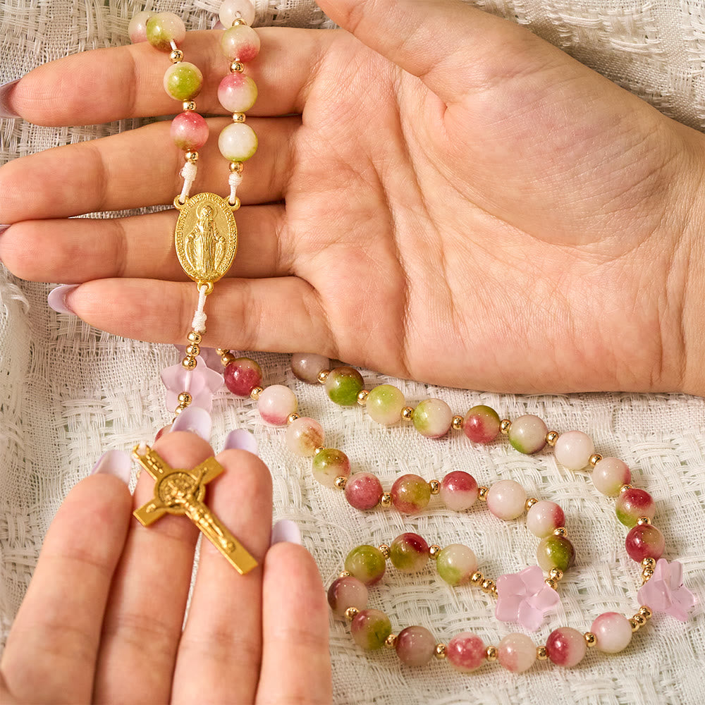 SolaceBeads Pink Morning Glory &amp; Watermelon Tourmaline Stone Rosary: Blessed by Maria gentle grace - image 1