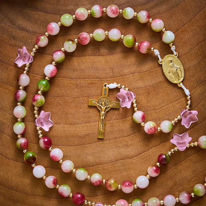 SolaceBeads Pink Morning Glory &amp; Watermelon Tourmaline Stone Rosary: Blessed by Maria gentle grace - image 7