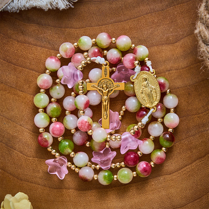 SolaceBeads Pink Morning Glory &amp; Watermelon Tourmaline Stone Rosary: Blessed by Maria gentle grace - image 5