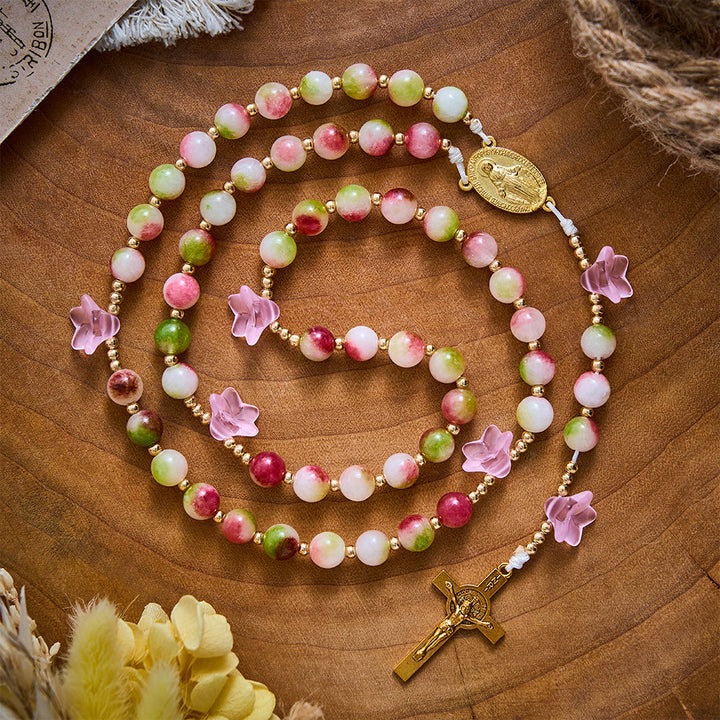 SolaceBeads Pink Morning Glory &amp; Watermelon Tourmaline Stone Rosary: Blessed by Maria gentle grace - image 6