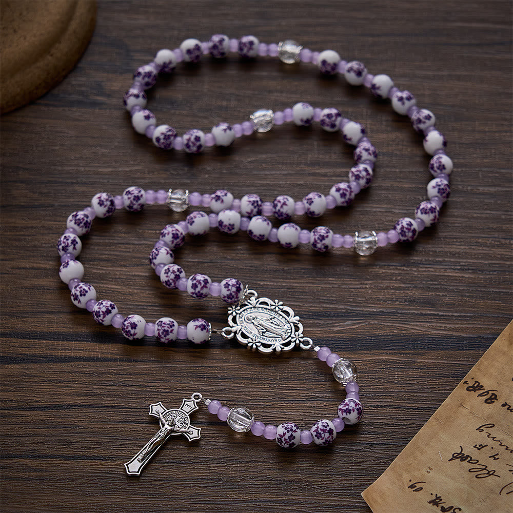 SolaceBeads Floral Rosary, Purple Ceramic Beads, Miraculous Medal &amp; Crucifix: Gentle Devotion - image 2