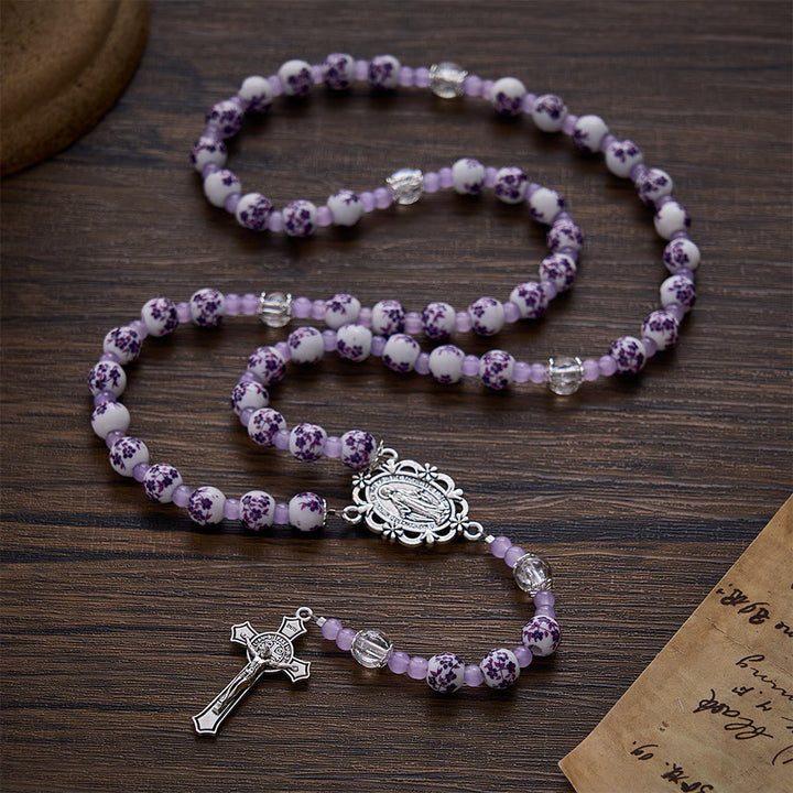 SolaceBeads Floral Rosary, Purple Ceramic Beads, Miraculous Medal &amp; Crucifix: Gentle Devotion - image 2