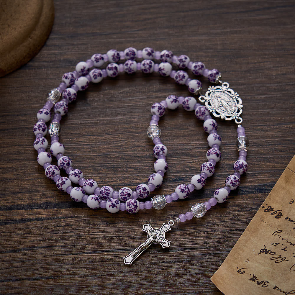 SolaceBeads Floral Rosary, Purple Ceramic Beads, Miraculous Medal &amp; Crucifix: Gentle Devotion - image 9