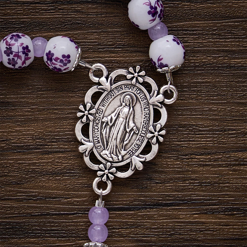 SolaceBeads Floral Rosary, Purple Ceramic Beads, Miraculous Medal &amp; Crucifix: Gentle Devotion - image 6