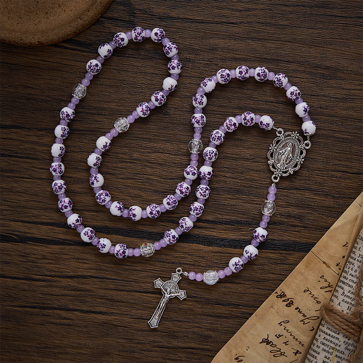 SolaceBeads Floral Rosary, Purple Ceramic Beads, Miraculous Medal &amp; Crucifix: Gentle Devotion - image 3