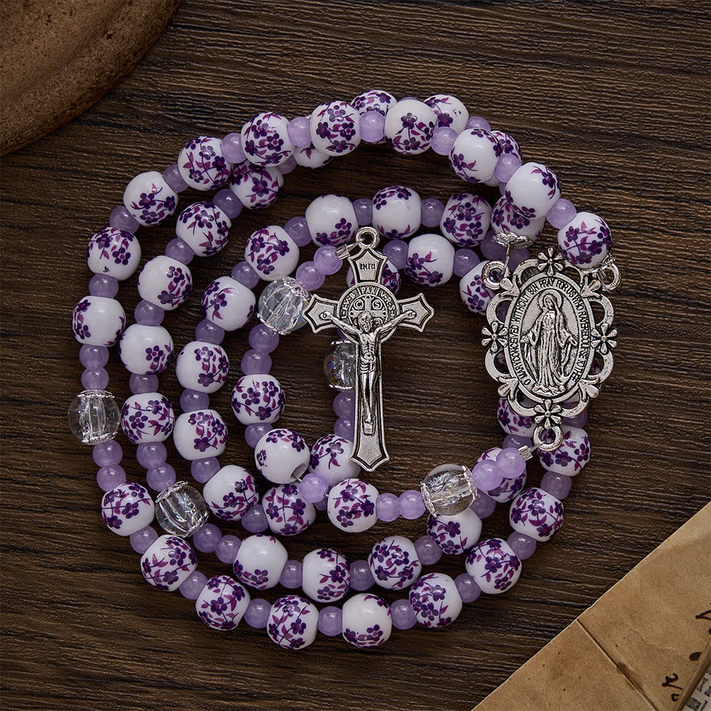 SolaceBeads Floral Rosary, Purple Ceramic Beads, Miraculous Medal &amp; Crucifix: Gentle Devotion - image 8
