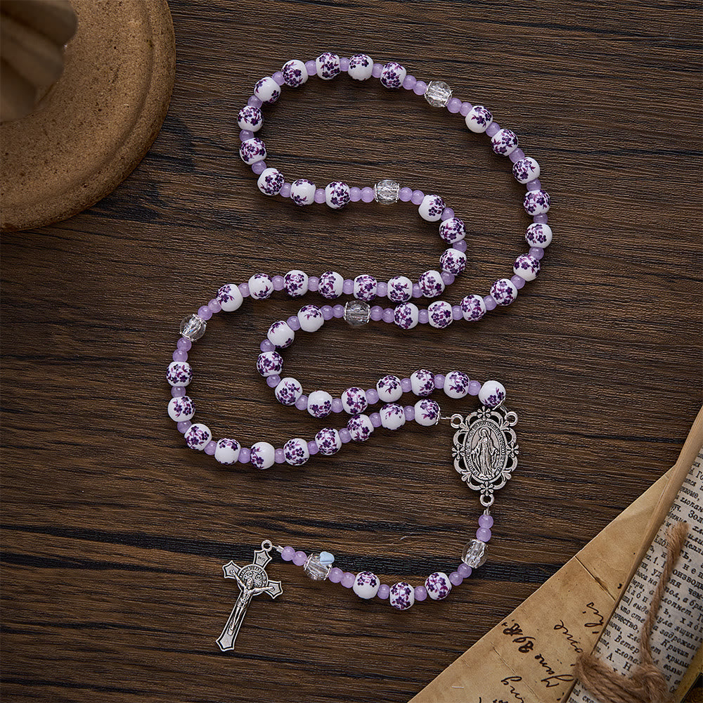SolaceBeads Floral Rosary, Purple Ceramic Beads, Miraculous Medal & Crucifix: Gentle Devotion - Purple & Floral - image 0