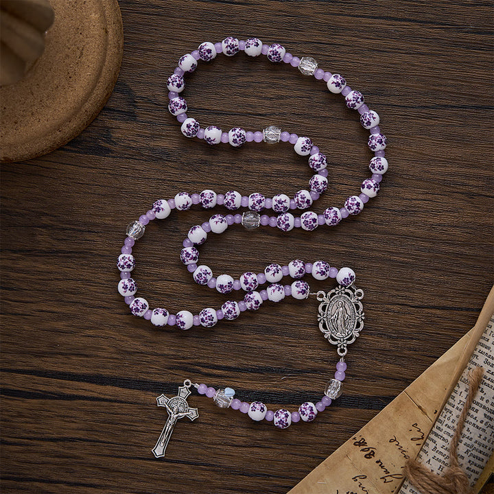 SolaceBeads Floral Rosary, Purple Ceramic Beads, Miraculous Medal &amp; Crucifix: Gentle Devotion - Purple &amp; Floral - image 0