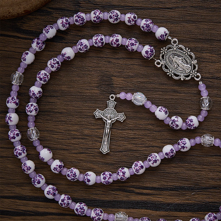 SolaceBeads Floral Rosary, Purple Ceramic Beads, Miraculous Medal &amp; Crucifix: Gentle Devotion - image 4