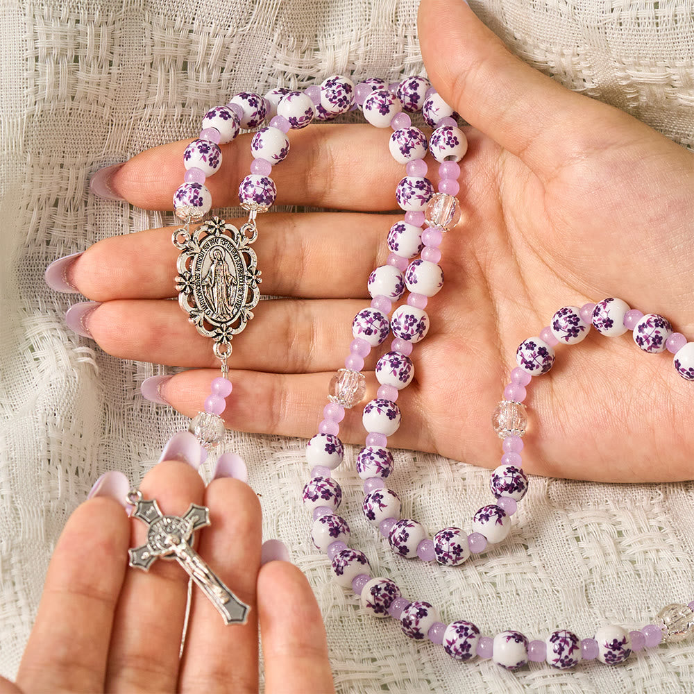 SolaceBeads Floral Rosary, Purple Ceramic Beads, Miraculous Medal &amp; Crucifix: Gentle Devotion - image 1