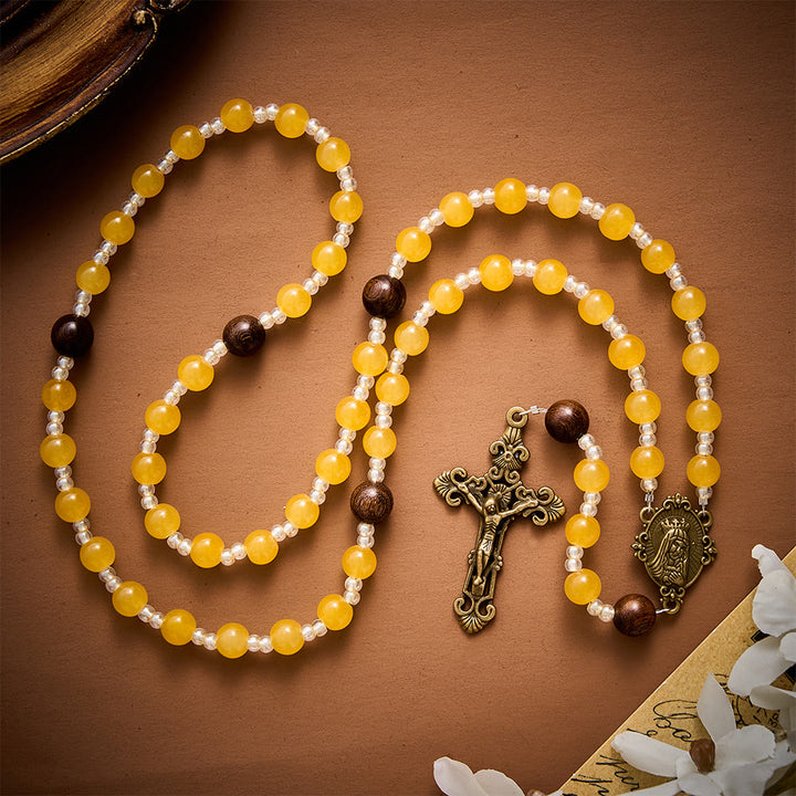 SolaceBeads Artistic Rosary, Yellow Agate &amp; Wood Beads, Miraculous Medal &amp; Crucifix: Warm Serene Devotion - image 3