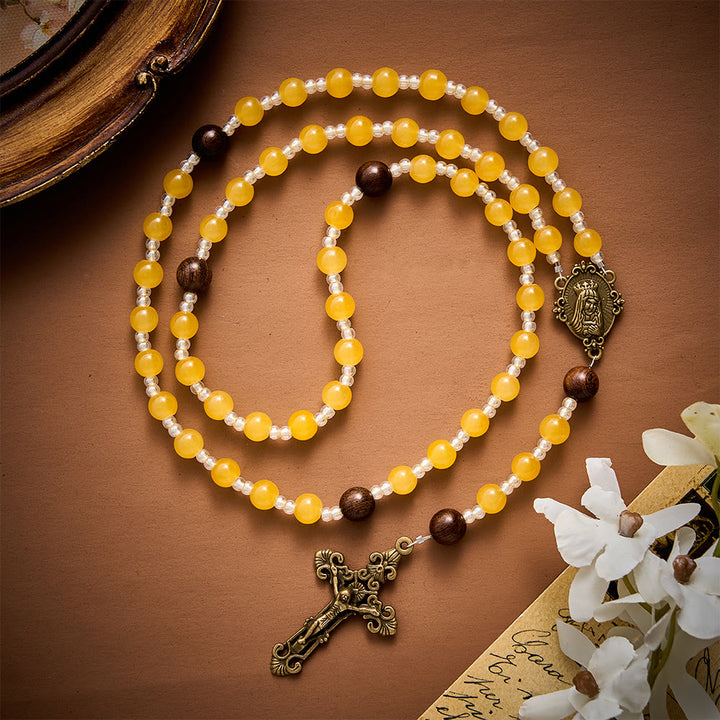 SolaceBeads Artistic Rosary, Yellow Agate &amp; Wood Beads, Miraculous Medal &amp; Crucifix: Warm Serene Devotion - Yellow - image 0