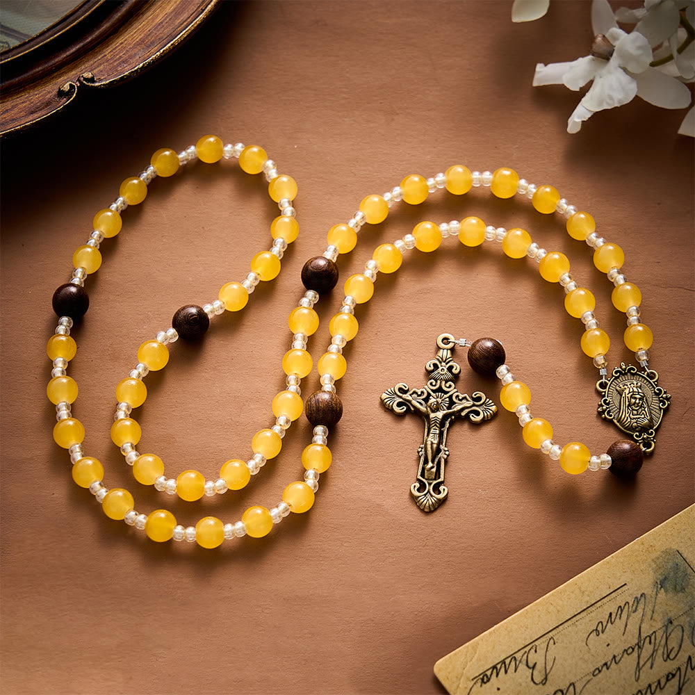SolaceBeads Artistic Rosary, Yellow Agate &amp; Wood Beads, Miraculous Medal &amp; Crucifix: Warm Serene Devotion - image 2