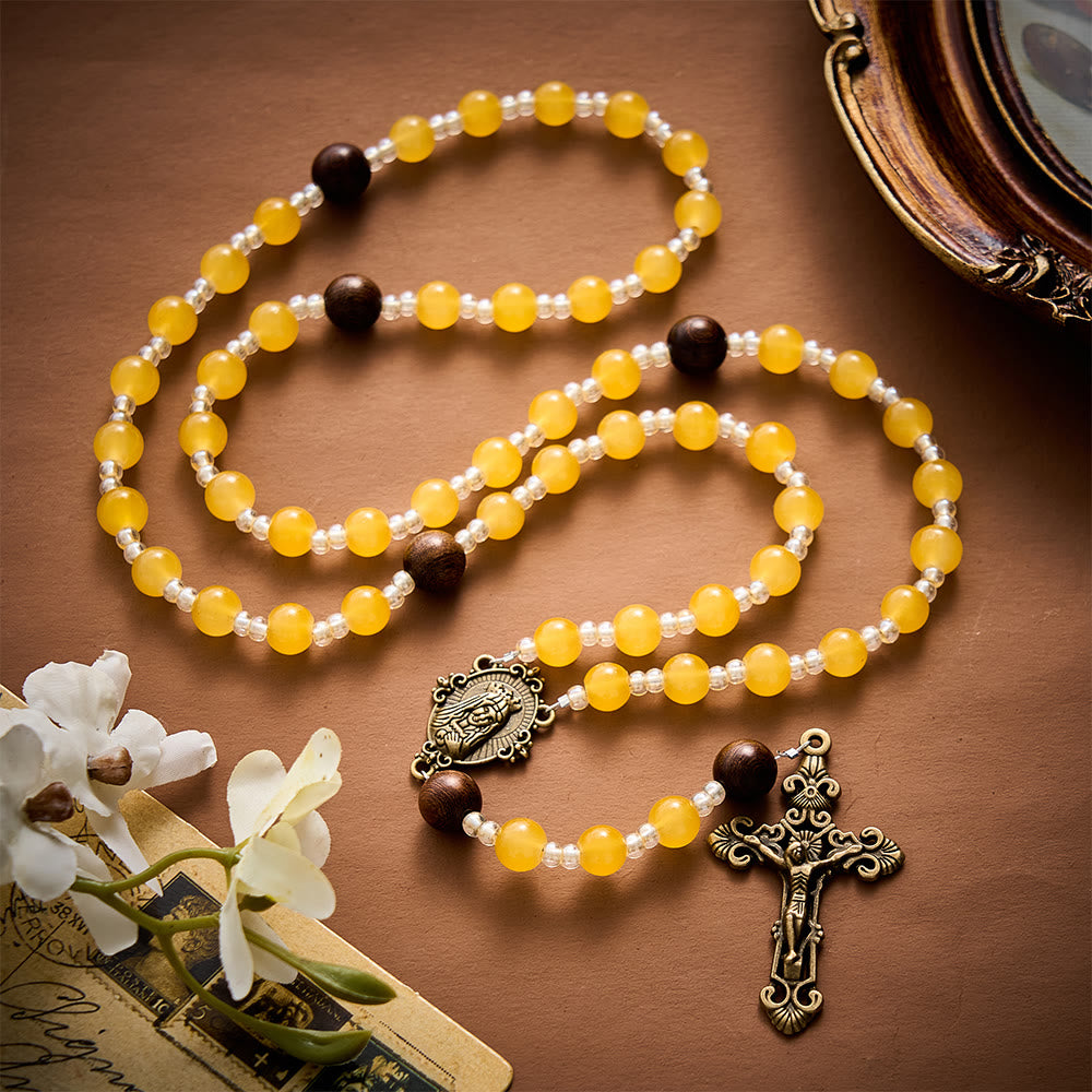 SolaceBeads Artistic Rosary, Yellow Agate &amp; Wood Beads, Miraculous Medal &amp; Crucifix: Warm Serene Devotion - image 9