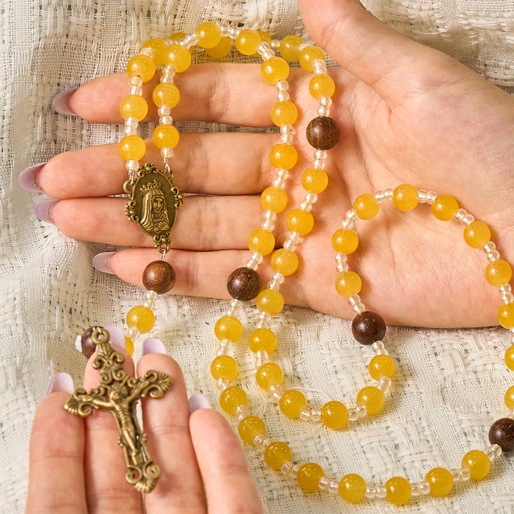 SolaceBeads Artistic Rosary, Yellow Agate &amp; Wood Beads, Miraculous Medal &amp; Crucifix: Warm Serene Devotion - image 1