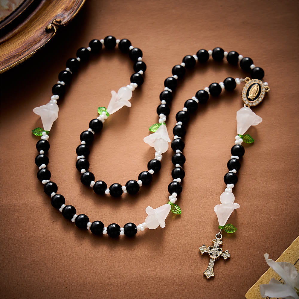 SolaceBeads Artistic Rosary, Black Glass &amp; Lily Accents, Guadalupe Medal: Pure Sacred Devotion - image 3