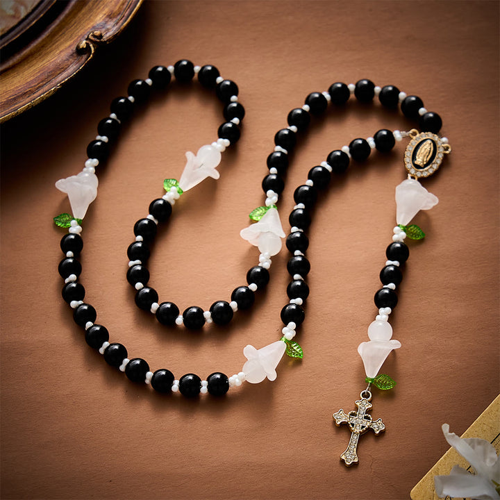 SolaceBeads Artistic Rosary, Black Glass &amp; Lily Accents, Guadalupe Medal: Pure Sacred Devotion - image 3