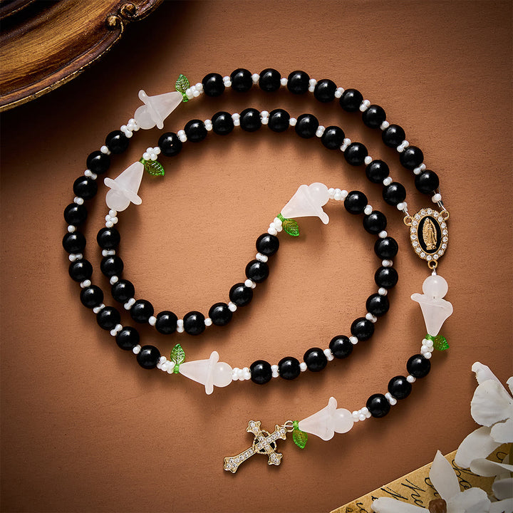 SolaceBeads Artistic Rosary, Black Glass &amp; Lily Accents, Guadalupe Medal: Pure Sacred Devotion - Black - image 0