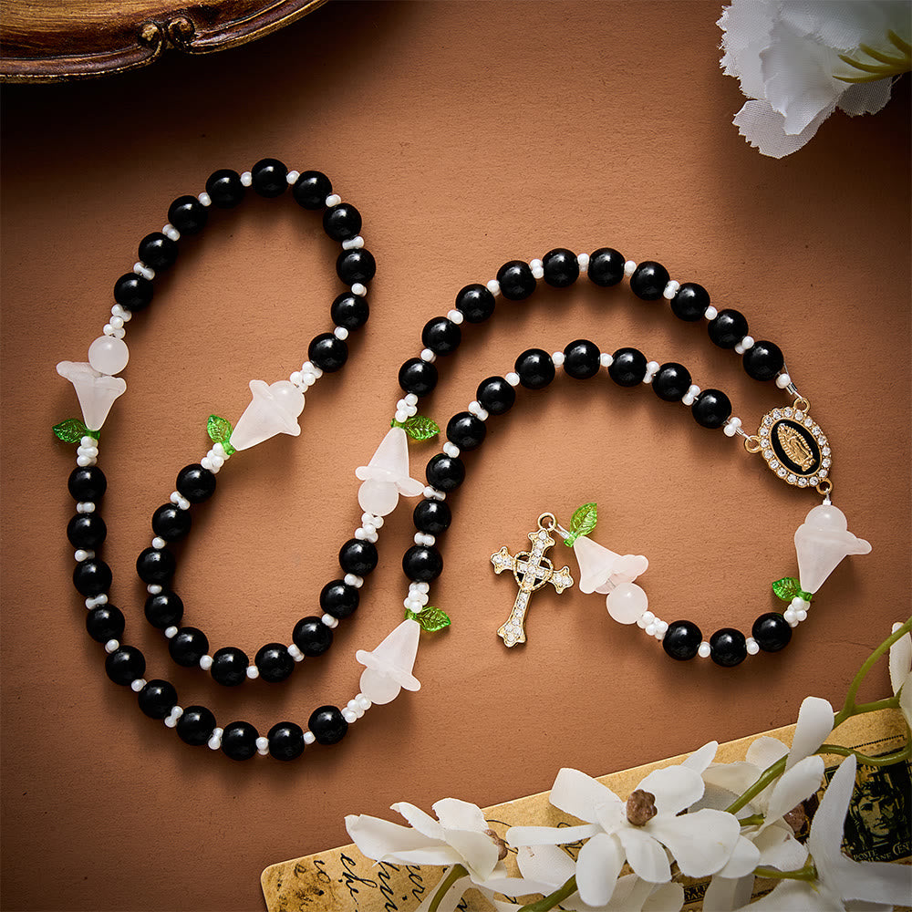 SolaceBeads Artistic Rosary, Black Glass &amp; Lily Accents, Guadalupe Medal: Pure Sacred Devotion - image 2