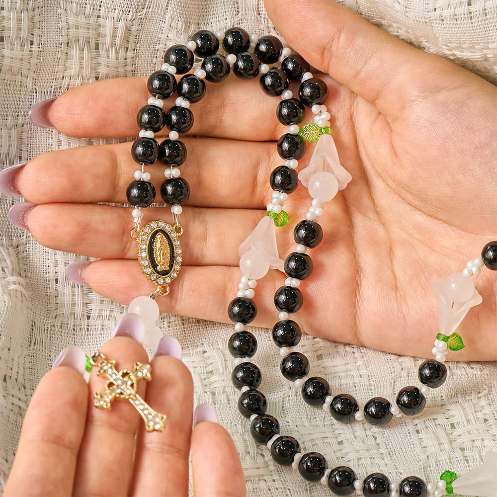 SolaceBeads Artistic Rosary, Black Glass &amp; Lily Accents, Guadalupe Medal: Pure Sacred Devotion - image 1