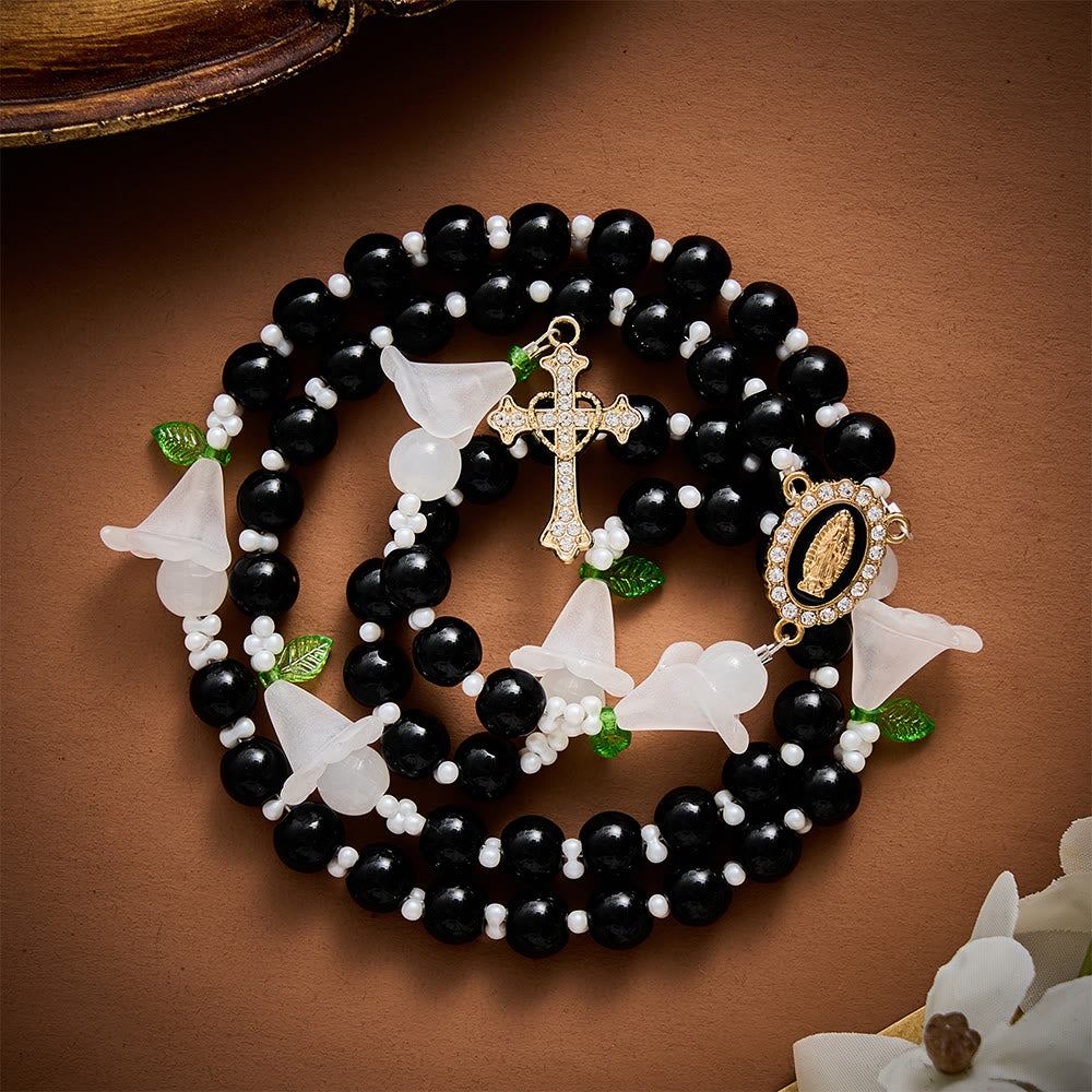 SolaceBeads Artistic Rosary, Black Glass &amp; Lily Accents, Guadalupe Medal: Pure Sacred Devotion - image 8