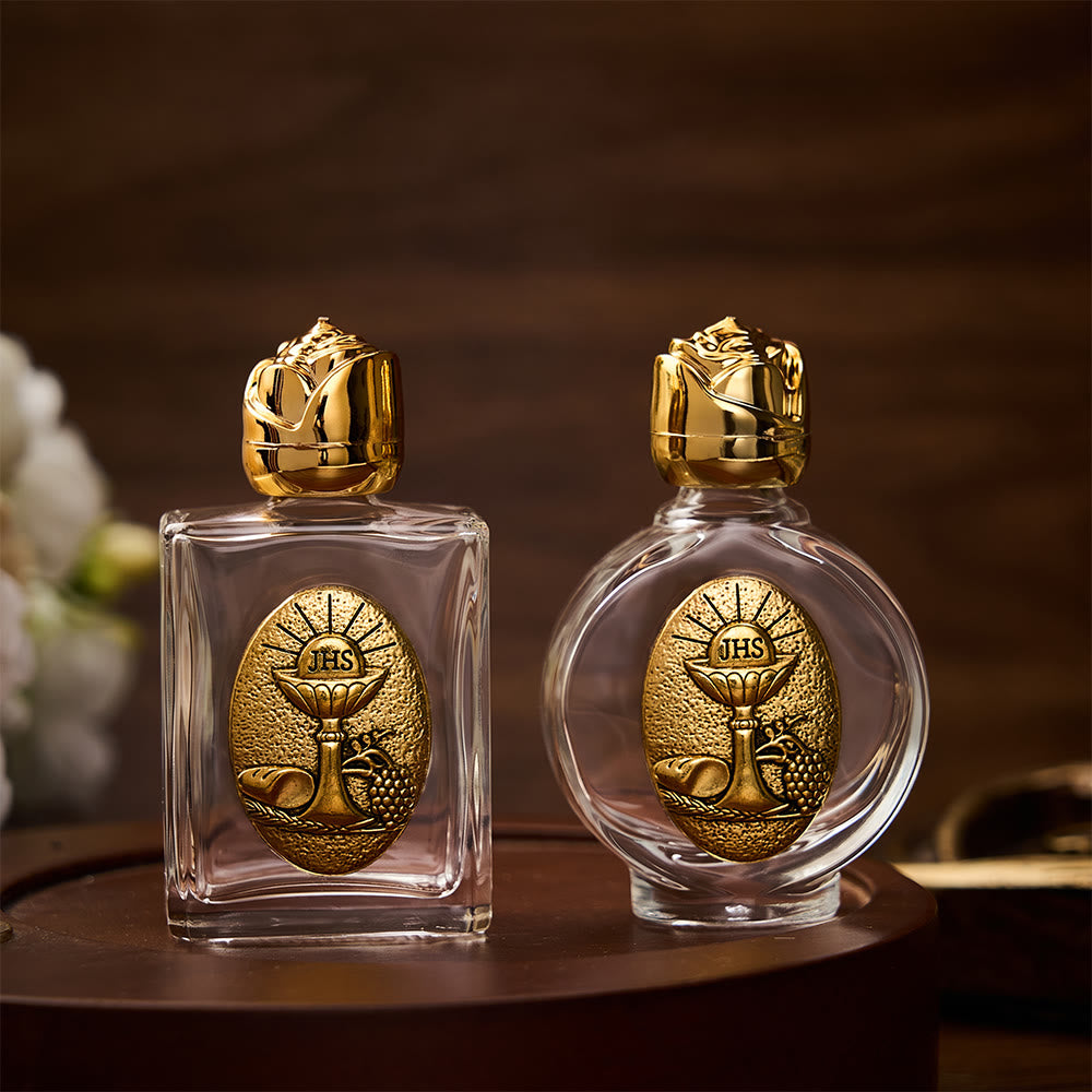 SolaceBeads Chalice Holy Bottle, Square &amp; Round Glass Vials, Eucharist Emblem: Sacred Worship Vessel - image 0