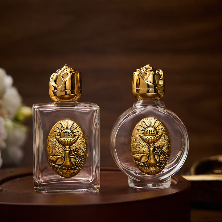 SolaceBeads Chalice Holy Bottle, Square &amp; Round Glass Vials, Eucharist Emblem: Sacred Worship Vessel - image 0