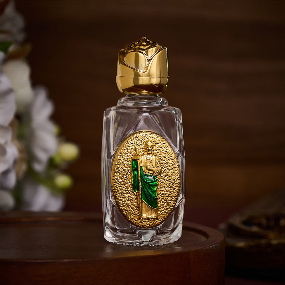 Solacebeads St. Jude Thaddeus Glass Holy Bottle: Designed For Devotions During Hardship - Gold &amp; Polygon - image 1