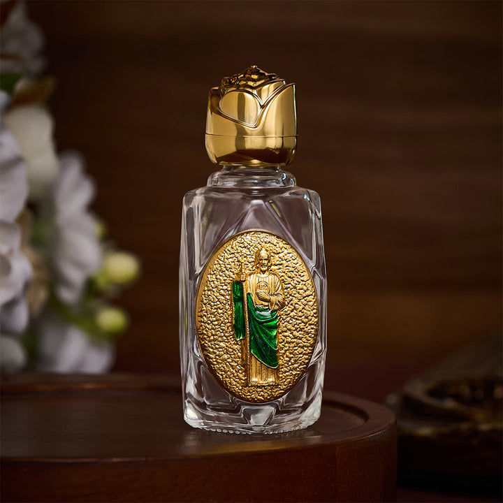 Solacebeads St. Jude Thaddeus Glass Holy Bottle: Designed For Devotions During Hardship - Gold &amp; Polygon - image 1