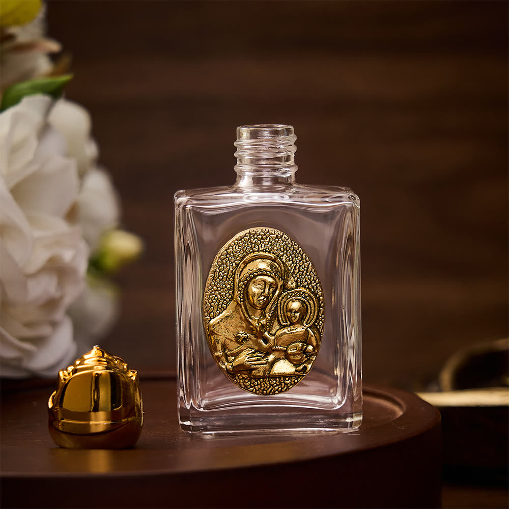 SolaceBeads Holy Water Bottle, Madonna &amp; Child Emblem, Square &amp; Round Glass: Blessed Prayer Vessel - image 2