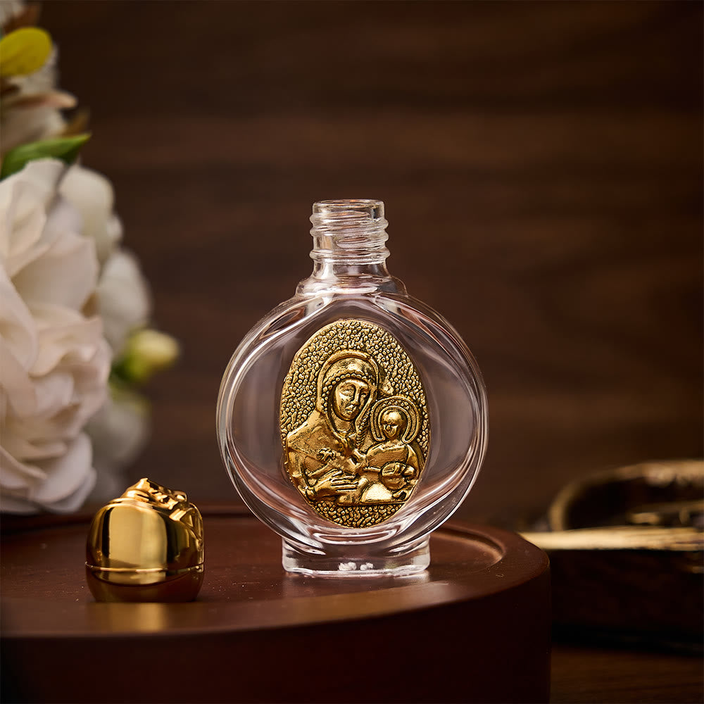 SolaceBeads Holy Water Bottle, Madonna &amp; Child Emblem, Square &amp; Round Glass: Blessed Prayer Vessel - image 6