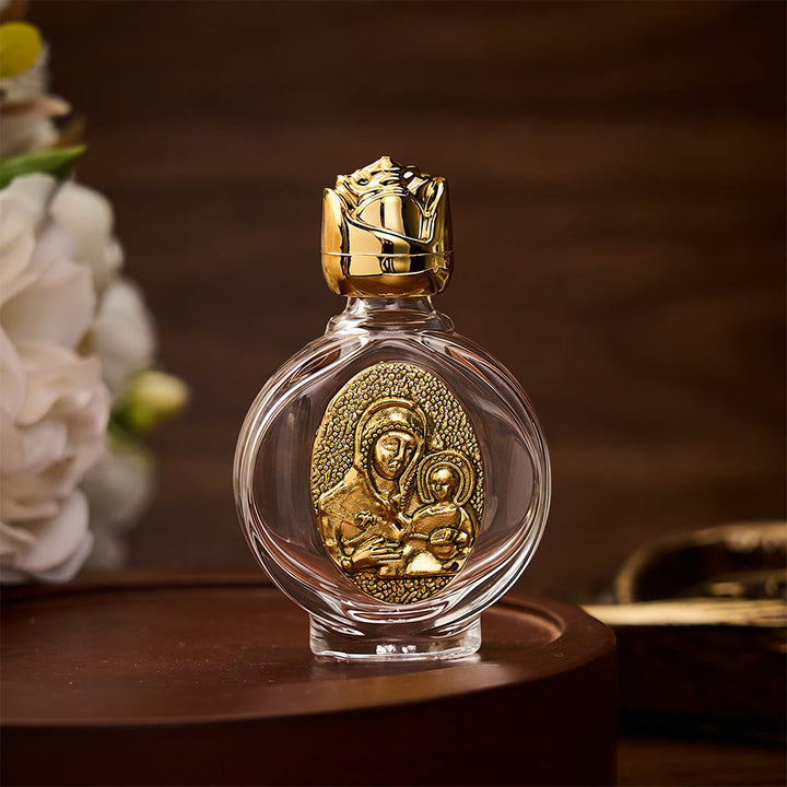 SolaceBeads Holy Water Bottle, Madonna &amp; Child Emblem, Square &amp; Round Glass: Blessed Prayer Vessel - Round Gold - image 5