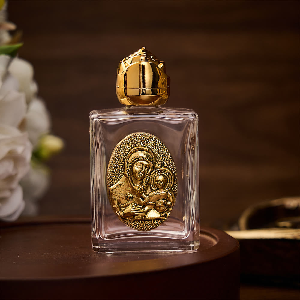 SolaceBeads Holy Water Bottle, Madonna &amp; Child Emblem, Square &amp; Round Glass: Blessed Prayer Vessel - Square Gold - image 1