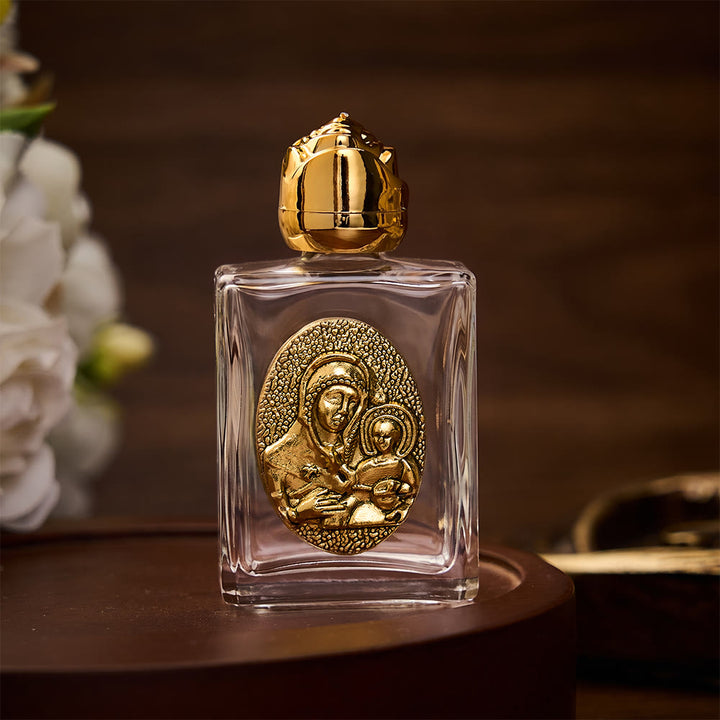 SolaceBeads Holy Water Bottle, Madonna &amp; Child Emblem, Square &amp; Round Glass: Blessed Prayer Vessel - Square Gold - image 1